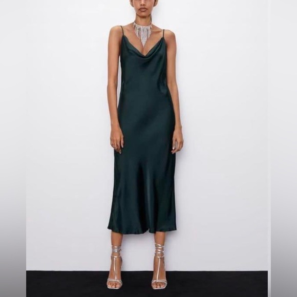 Zara satin effects slip dress dark green NWT - Picture 2 of 5